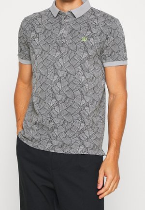 Gray polo shirt with a textured leaf pattern, featuring a light gray collar and short sleeves, showcasing a small green logo.