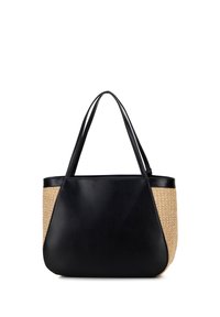 Borsa tote in finta pelle nera con accenti in paglia intrecciata, dotata di doppi manici e forma strutturata, adatta per un uso casual.