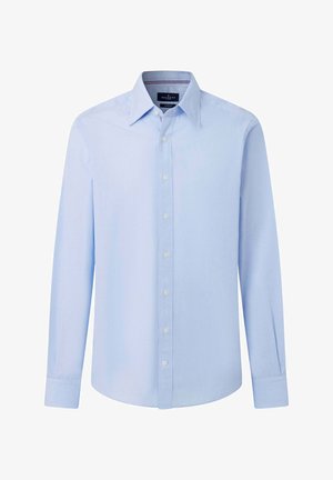 Lichtblauw klassiek gesneden overhemd met lange mouwen, knoopsluiting, puntkraag en manchetknopen, gelabeld Hackett London.