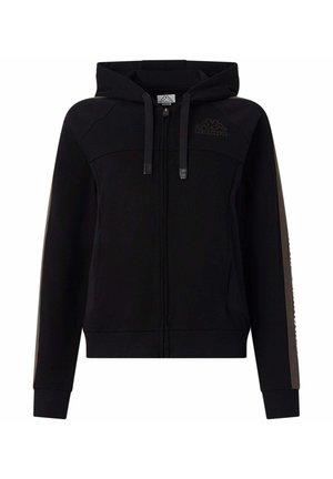 Felpa nera con zip, dotata di cappuccio, polsini e orlo a coste. Include dettagli laterali a contrasto e un logo sul petto. Tessuto morbido.