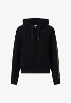 Felpa nera con zip, dotata di cappuccio, polsini e orlo a coste. Include dettagli laterali a contrasto e un logo sul petto. Tessuto morbido.