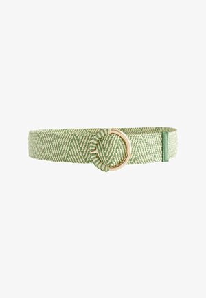 Woven green belt with a chevron pattern, gold metal ring buckle, and textured finish. Adjustable with a stitched leather accent.