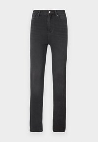 Jeans neri in design slim-fit, caratterizzati da un alto punto vita, cinque tasche, passanti per cintura e chiusura con bottone e zip metallici. Texture liscia.
