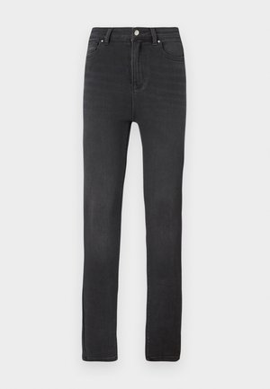 Jeans neri in design slim-fit, caratterizzati da un alto punto vita, cinque tasche, passanti per cintura e chiusura con bottone e zip metallici. Texture liscia.
