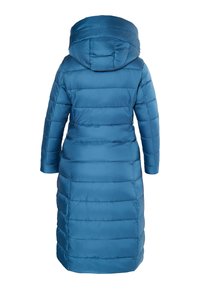 Blå polstret parka med hætte, der har et kviltet design, lange ærmer og mellemlang længde. Glat tekstur med en blank overflade.