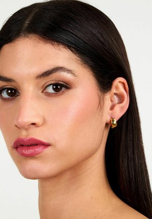 Donna con capelli scuri e lisci che indossa un piccolo orecchino a cerchio dorato, con trucco naturale e rossetto rosa, su sfondo neutro.