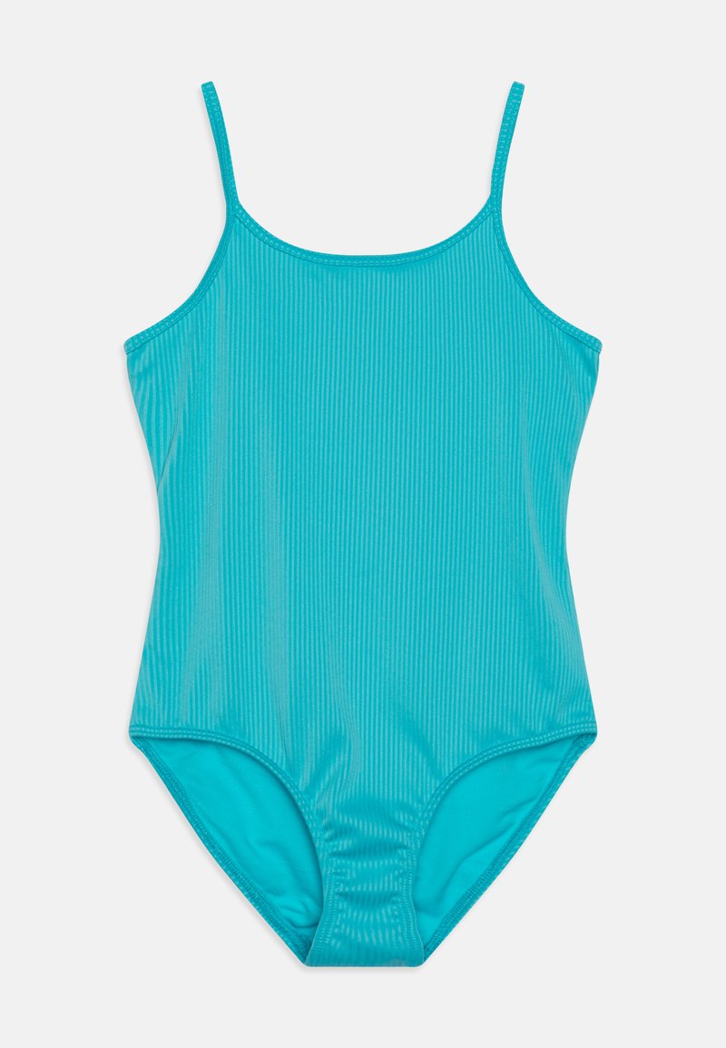 Maillot de bain une pièce turquoise avec des bretelles fines, texture côtelée et bords sans couture. Design simple avec une couverture modérée et sans ornements.