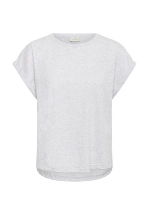 Vaaleanharmaa lyhythihainen rento paita, jossa on pyöreä pääntie, käännetyt hihansuut ja hieman kaareva helma.