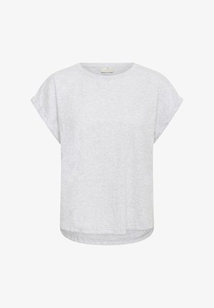 Top gris claro de manga corta casual con cuello redondo, bordes de las mangas doblados y dobladillo ligeramente curvado.