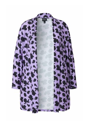 Lang, åben-front kimono i lavendelfarvet stof med et sort blomstermønster. Brede ærmer, blød tekstur og en afslappet pasform.