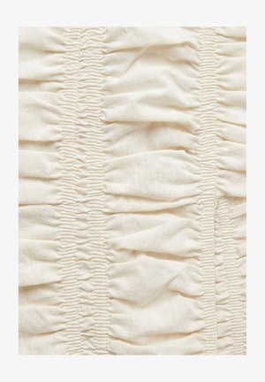 Cream-colored fabric with vertical rows of gathered, ruched stitching creating textured, puckered stripes.