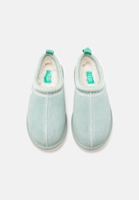 Γαλάζια γούνινα παπούτσια χωρίς κορδόνια, με λευκή αφράτη επένδυση, διακοσμητικό ράψιμο και πράσινο λάστιχο στο πίσω μέρος. Το λογότυπο UGG είναι ορατό στο εσωτερικό.