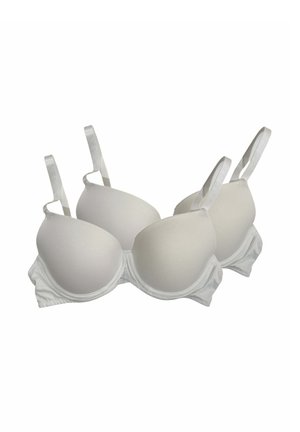 Due reggiseni semplici imbottiti bianchi con spalline regolabili e ferretto su sfondo bianco.