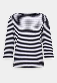 Maglia a maniche lunghe a righe bianche e nere con scollatura ampia e orlo dritto. Il tessuto ha una consistenza liscia ed è progettato per un fit rilassato.