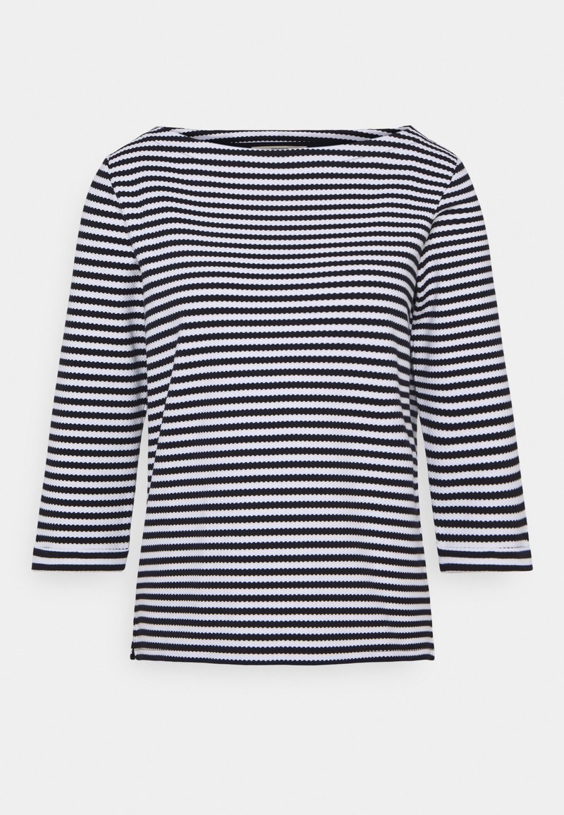 Maglia a maniche lunghe a righe bianche e nere con scollatura ampia e orlo dritto. Il tessuto ha una consistenza liscia ed è progettato per un fit rilassato.