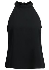 Haut noir à col montant avec un design dos-nu, texture lisse et fermeture au dos en forme de goutte. Silhouette simple, sans manches, sans motifs visibles.