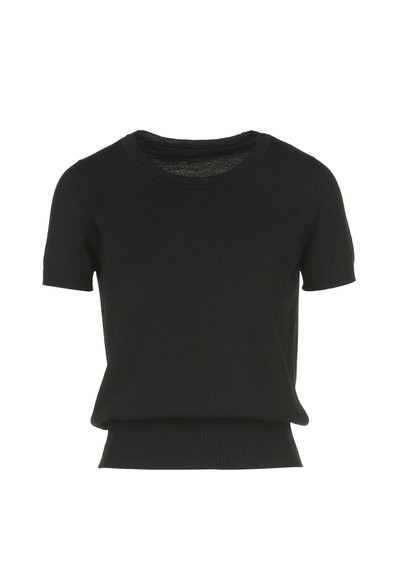 Juodas trumpas rankovės megztinis su apvalia kaklo iškirptele ir raukšlėtu apdailos kraštu. Lygus paviršius su prigludusia siluetu. Be raštų ar dekoracijų.