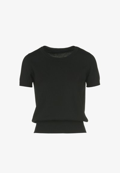 Juodas trumpas rankovės megztinis su apvalia kaklo iškirptele ir raukšlėtu apdailos kraštu. Lygus paviršius su prigludusia siluetu. Be raštų ar dekoracijų.