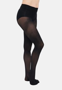 Collant neri opachi con vita alta, texture liscia, copertura completa delle gambe e senza cuciture o motivi visibili.