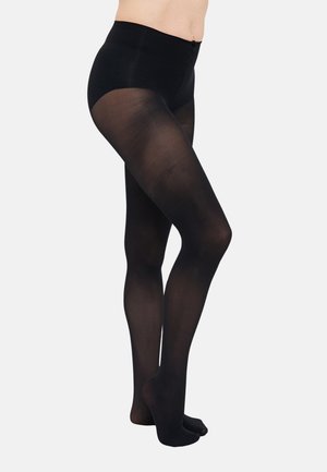 Mustad mustad sukkpüksid kõrge vöökohtaga, sile tekstuur, täispikkus ja nähtamatud õmblused või mustrid.