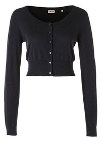 Mörk marinblå kort cardigan med långa ärmar, rund halsringning och fem knappstängningar framtill. Gjord av ett mjukt, elastiskt tyg.