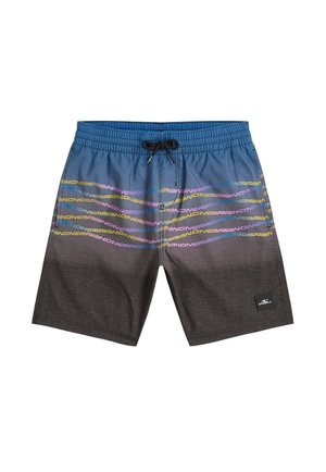 Herren-Badeshorts mit Farbverlauf von Blau zu Dunkelgrau, mehrfarbigem horizontalem Streifen-Logo-Muster, schwarzem Kordelzugbund und Seitentaschen.