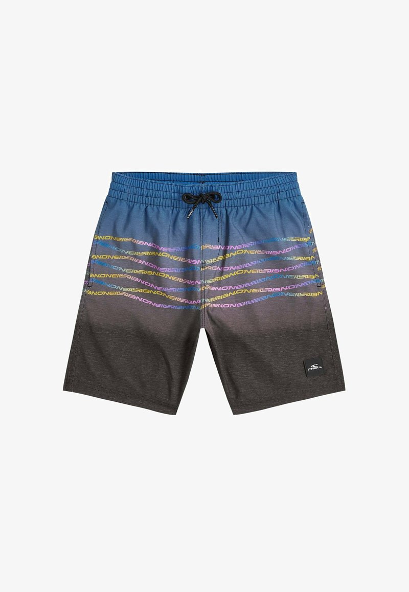 Moške kopalne hlače z modrim do temno sivim gradientom, večbarvnim vodoravnim vzorcem logotipa, črnim pasom z vrvico in stranskimi žepi.