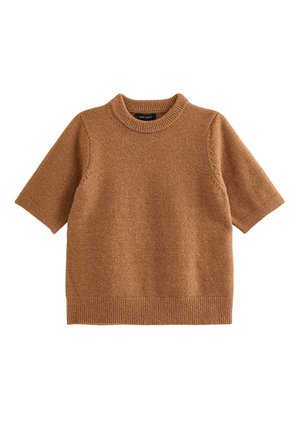 Sweter z krótkim rękawem w ciepłym brązie, wykonany z miękkiego, teksturowanego materiału. Posiada prążkowany okrągły dekolt i dół, z gładkimi dzianinowymi akcentami.