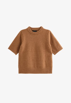 Sweter z krótkim rękawem w ciepłym brązie, wykonany z miękkiego, teksturowanego materiału. Posiada prążkowany okrągły dekolt i dół, z gładkimi dzianinowymi akcentami.
