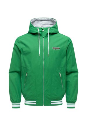 Grüne Kapuzenjacke mit weißen Kordeln, Frontreißverschluss, zwei Reißverschlusstaschen, gestreiften Bündchen und Saum sowie "ragwear"-Logo auf der linken Brust.