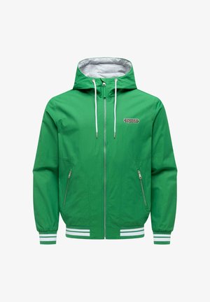 Grüne Kapuzenjacke mit weißen Kordeln, Frontreißverschluss, zwei Reißverschlusstaschen, gestreiften Bündchen und Saum sowie "ragwear"-Logo auf der linken Brust.