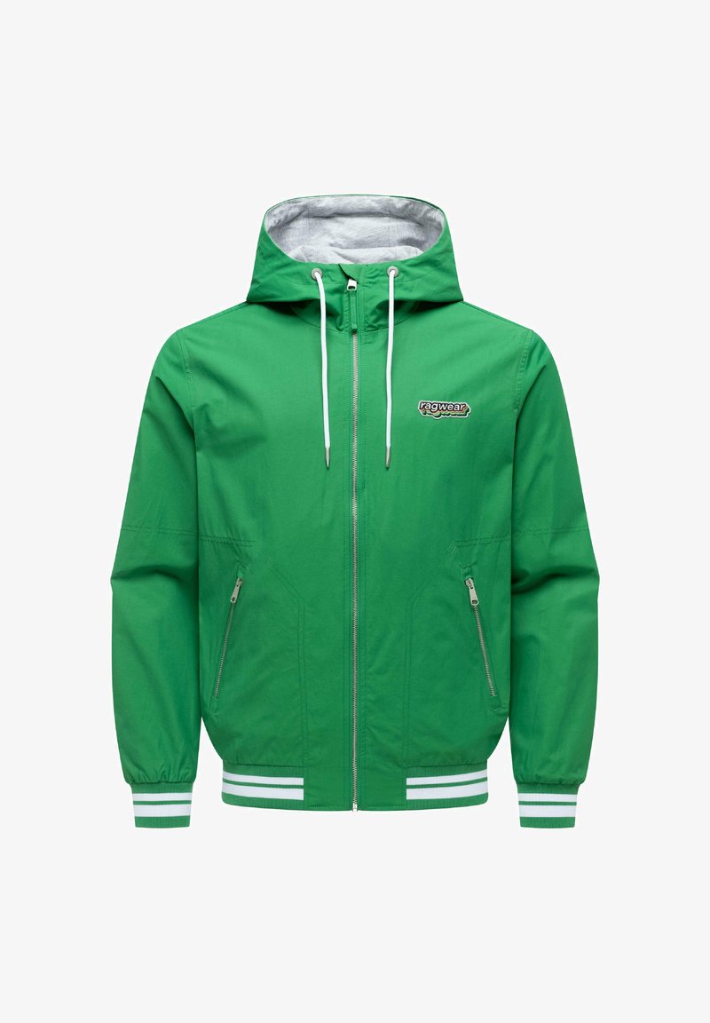 Grøn hættetrøje med hvide snore, lynlås foran, to lommer med lynlås, stribede manchetter og kant samt "ragwear"-logo på venstre bryst.