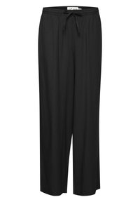 Melni plaši bikses, izgatavotas no viegla auduma, ar elastīgu jostasvietu un regulējamu auklu, ar gludu tekstūru.