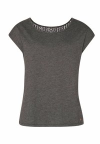 Mörkgrå kortärmad t-shirt med rundad halsringning och mönstrad spetsdetalj vid halsen. Tillverkad av mjukt, lätt material.