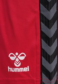 Pantalones cortos deportivos rojos con un panel lateral negro que presenta un patrón de chevron y un logo blanco que dice "hummel" en la parte inferior izquierda.