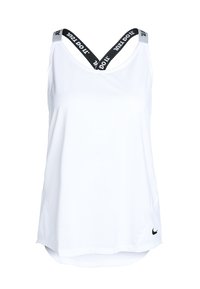 Haut de sport blanc sans manches avec des bretelles croisées noires portant le texte "Just Do It" et un petit logo Nike noir au bas de l'ourlet.