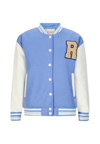 Niebieska kurtka typu varsity z białymi rękawami, ozdobiona dużą, haftowaną literą "R" oraz prążkowanymi ściągaczami przy mankietach i dolnym brzegu. Miękka faktura materiału.