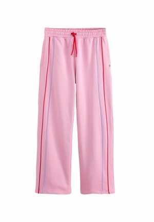 Hellrosa Sweatpants mit elastischem Bund, rotem Kordelzug und vertikalen roten sowie hellblauen Seitenstreifen.