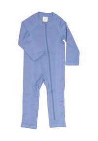 Ljusblå, långärmad jumpsuit i elastiskt material; har en framdragkedja och tonad sömnad för att definiera formen.