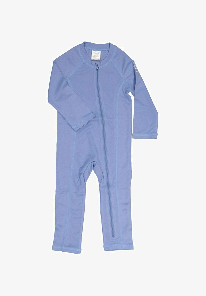 Ljusblå, långärmad jumpsuit i elastiskt material; har en framdragkedja och tonad sömnad för att definiera formen.