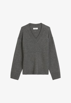Grauer Wollpullover mit V-Ausschnitt, gerippten Bündchen und Saum; lockere Passform mit langen Ärmeln und weicher Textur. Keine Muster oder Akzente sichtbar.