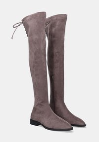 Botas de ante gris por encima de la rodilla con punta afilada, suela plana, cremallera lateral y cordones decorativos en la parte superior. Textura suave en todo.