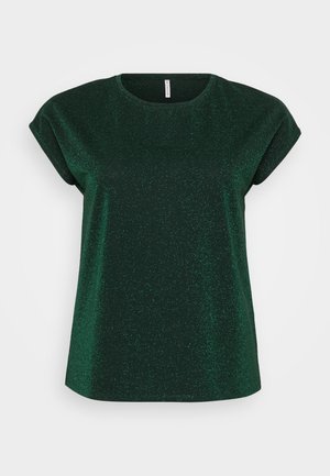 Top verde de manga corta con un corte relajado. Confeccionado con una tela de textura brillante, presenta un escote redondo y mangas enrolladas.