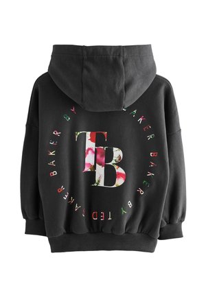 Sort hættetrøje med cropped design, der har et blomstret "TB" logo og cirkulær teksttryk på ryggen. Blød, afslappet tekstur med ribbede manchetter.