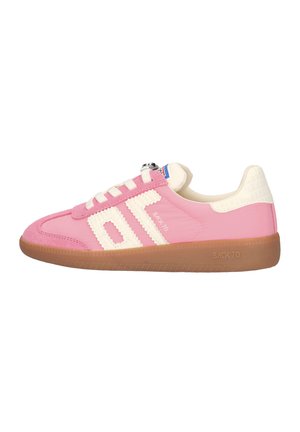 Low-profile pink sneaker with white detailing, gum sole, white heel tab, and "DT" logo on side.