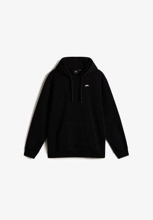Zwarte hoodie van een katoenmix, met een trekkoordcapuchon, een voorzak, ribgebreide boorden en een klein logo op de borst.