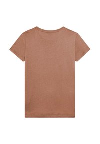 Camiseta de manga corta en algodón marrón claro, con cuello redondo, textura suave y bordes limpios, que presenta un diseño liso sin gráficos.