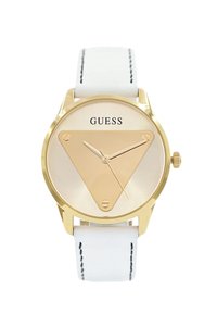 Gouden horloge met driehoekige wijzerplaat en witte lederen band. Heeft een gladde, metallic gouden uurwijzer en een minimalistisch ontwerp met merktekst.