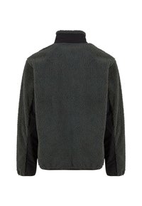 Fleece jacket featuring a soft, textured surface in dark green with a high collar and black side panels. No visible hardware or embellishments.