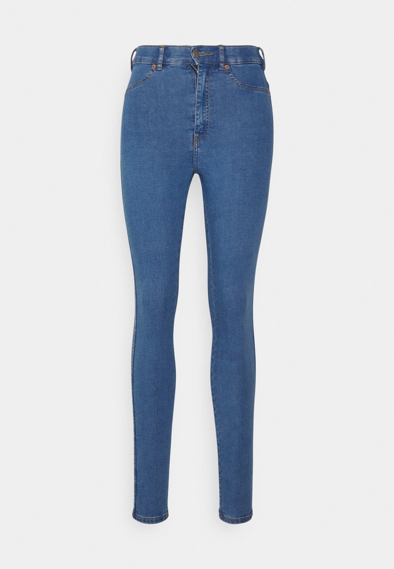 Jean skinny bleu taille haute avec fermeture devant par bouton et zip, poches avant et arrière, présenté sur un fond clair uni.